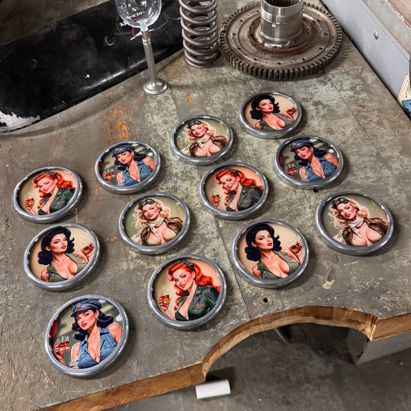 Wartime Spirits 4-1/4" Pinup Girls Squadron WWII Metal Drink Coaster Collection