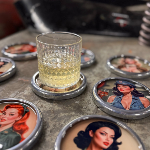 Wartime Spirits 4-1/4" Pinup Girls Squadron WWII Metal Drink Coaster Collection