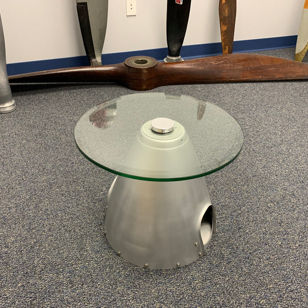 2-Bladed Raw Airplane Propeller Aviation Art Spinner Cone w/ Bulkhead Glass Coffee Side Cocktail Table