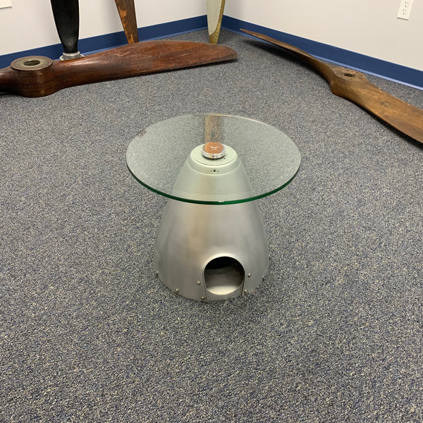 2-Bladed Raw Airplane Propeller Aviation Art Spinner Cone w/ Bulkhead Glass Coffee Side Cocktail Table