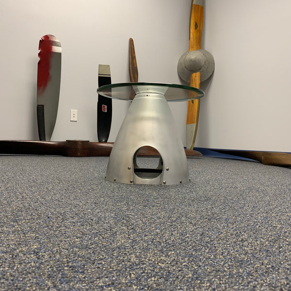 2-Bladed Raw Airplane Propeller Aviation Art Spinner Cone w/ Bulkhead Glass Coffee Side Cocktail Table