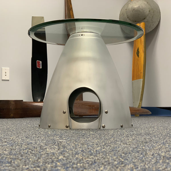 2-Bladed Raw Airplane Propeller Aviation Art Spinner Cone w/ Bulkhead Glass Coffee Side Cocktail Table