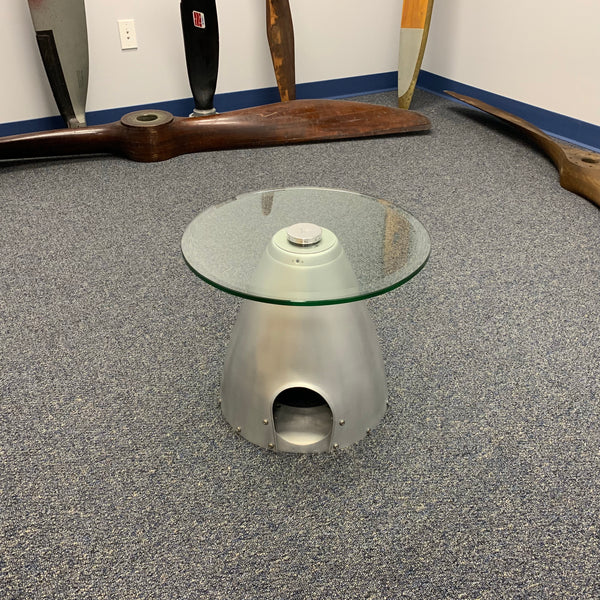 2-Bladed Raw Airplane Propeller Aviation Art Spinner Cone w/ Bulkhead Glass Coffee Side Cocktail Table
