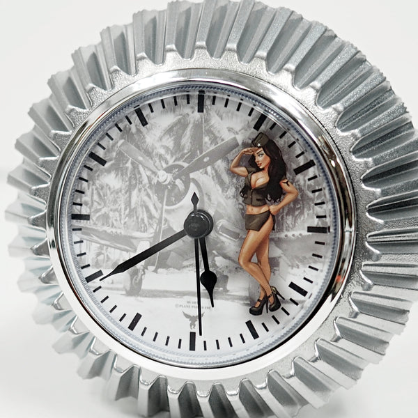 Bombshell Pinup Twin Beech 18 Hamilton Standard Rotating Cam Chrome Desk Clock