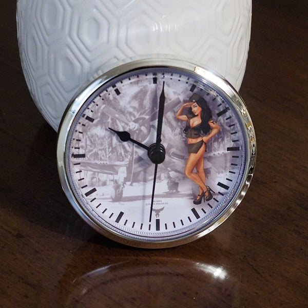 3 1/2" (90mm) Pinup Nose Art Army Salute WWII Airplane Brunette Fit-Up Insert Clock
