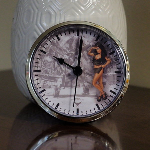 3 1/2" (90mm) Pinup Nose Art Army Salute WWII Airplane Brunette Fit-Up Insert Clock