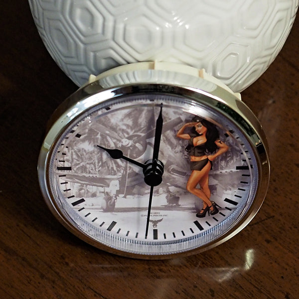 3 1/2" (90mm) Pinup Nose Art Army Salute WWII Airplane Brunette Fit-Up Insert Clock