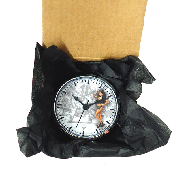3 1/2" (90mm) Pinup Nose Art Army Salute WWII Airplane Brunette Fit-Up Insert Clock