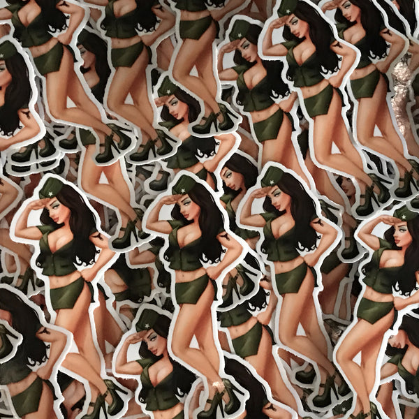 Brunette Army Pinup Nose Art Girl Sticker Decal
